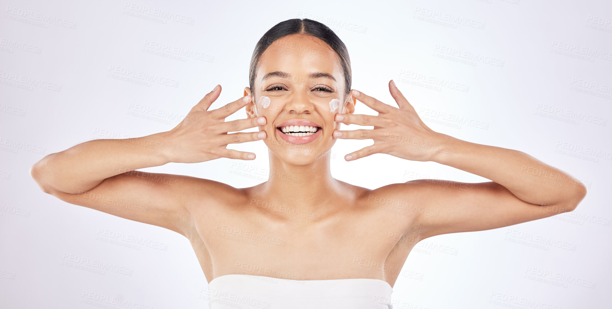 Buy stock photo Portrait, happy and woman with cream in studio for moisturizer, benefits or skincare treatment. Female person, smile and product with lotion for collagen, self care or dermatology on white background