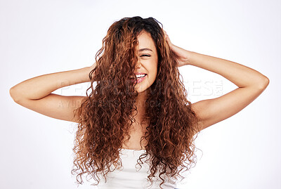 Buy stock photo Brazilian girl, calm and natural in studio for hair care, eco friendly and organic or sustainable cosmetics for scalp treatment. Woman, isolated and white background with healthy frizz and growth.