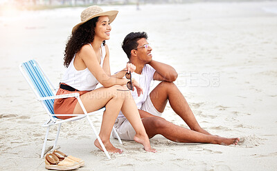 Buy stock photo Happy couple, beach and relax for holiday, vacation and summer together on chair and cool or trendy fashion. Young people or man and woman with smile for travel location by ocean or sea in Mauritius