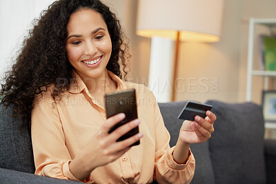 Buy stock photo Home, smartphone and woman with credit card, smile and ecommerce with internet, paying for goods or payment. Person, apartment or girl with cellphone, retail or online shopping for commercial product