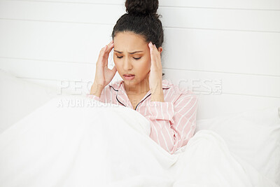 Buy stock photo Woman, stress and anxiety using hands over eyes to calm, relax and peace in bed. Fatigue, mental health and insomnia with sleepless young female in bedroom for depression, headache and frustrated