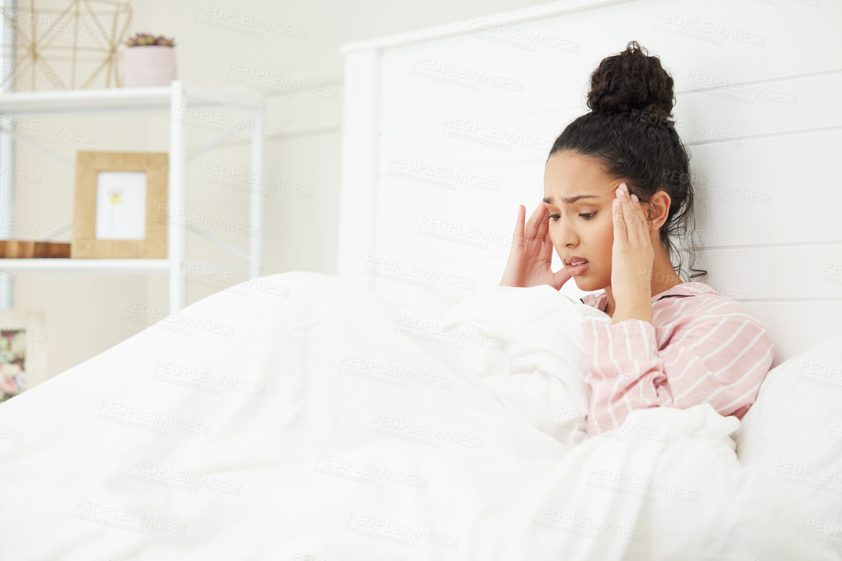 Buy stock photo Woman, anxiety and hands on head for stress, tired and migraine at home. Fatigue, insomnia and mental health for sleepless girl in bedroom for depression, headache and frustrated with burnout