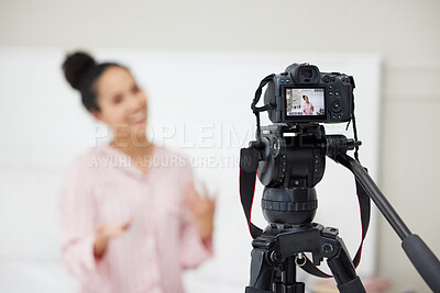 Buy stock photo Live streaming, tutorial and influencer woman in home living room as freelance or creative startup. Content creator, small business and video camera with entrepreneur streamer recording broadcast