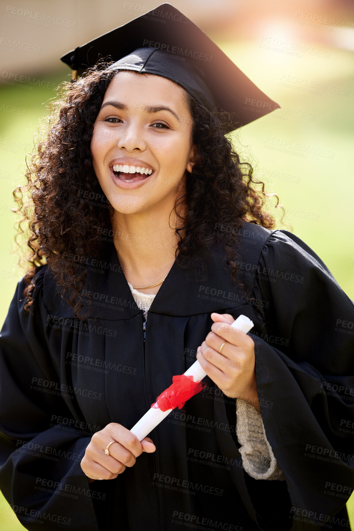 Buy stock photo University student, woman portrait and college degree with school achievement outdoor with smile. Female person, education certificate and campus with graduate and happiness from study success