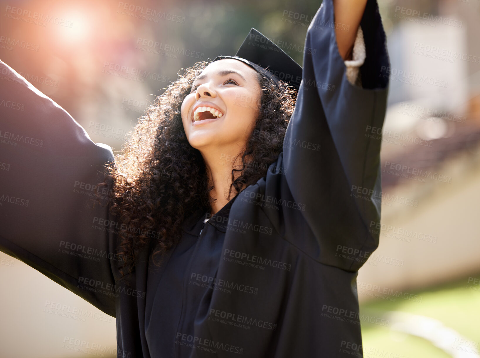 Buy stock photo Graduation, success and woman celebrate achievement of degree, diploma or certificate from university or college. Event, education and young person or graduate on campus excited for a scholarship