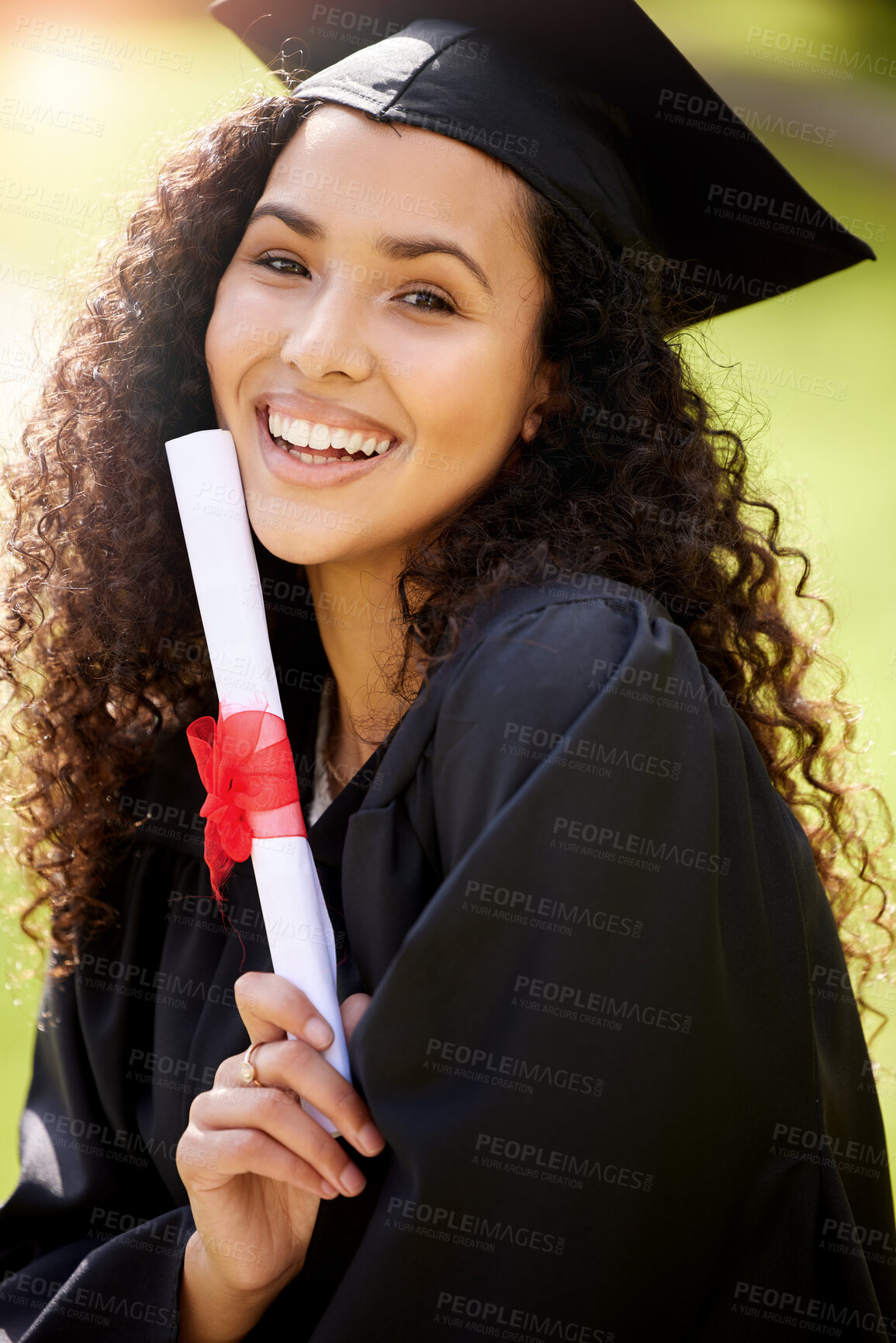 Buy stock photo University graduate, woman portrait and college paper with school achievement outdoor with smile. Female person, education certificate and campus with student and happiness from study success