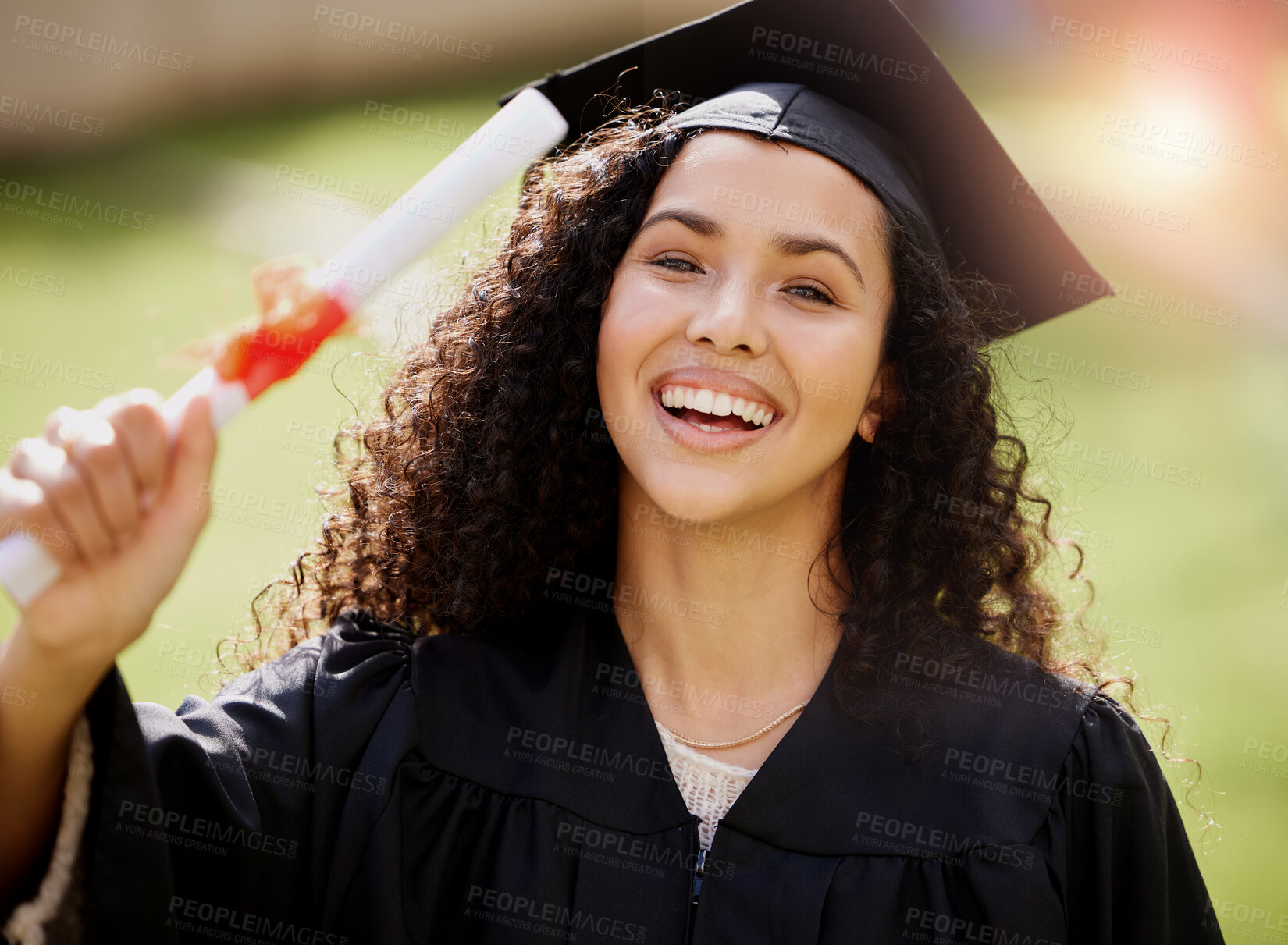 Buy stock photo University student, woman portrait and college graduate with school achievement outdoor with smile. Female person, education certificate and campus with degree and happiness from study success