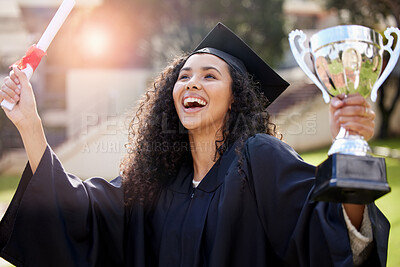 Buy stock photo Happy, woman and student with trophy and diploma for graduation celebration and outdoor ceremony. Excited, female person and smile for victory, achievement and success with degree certificate at uni