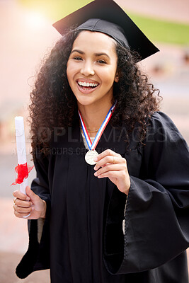 Buy stock photo University valedictorian, woman portrait and college degree with achievement with medal. Female person, education certificate and campus winner with class graduate and happiness from study success