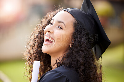 Buy stock photo University graduate, woman portrait and laugh with school achievement outdoor with smile and diploma. Female person, education certificate and campus with student and happiness from study success