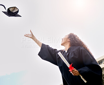 Buy stock photo Woman, sky and graduation with hat for celebration, success and diploma for university student. Education, degree and female person for achievement in robe, ceremony and happiness with mortar in air