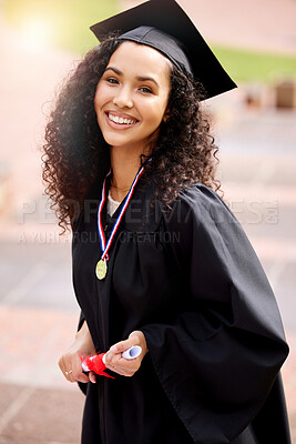 Buy stock photo Woman, graduation and celebrate with medal and portrait, diploma and happy student for university. Prize, scholar and robe with mortar for degree, achievement and female person with certificate