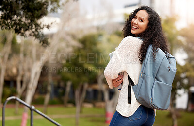 Buy stock photo Backpack, education and portrait with student woman outdoor on college or university campus in summer. Back to school, books and development with happy person on break or recess from learning