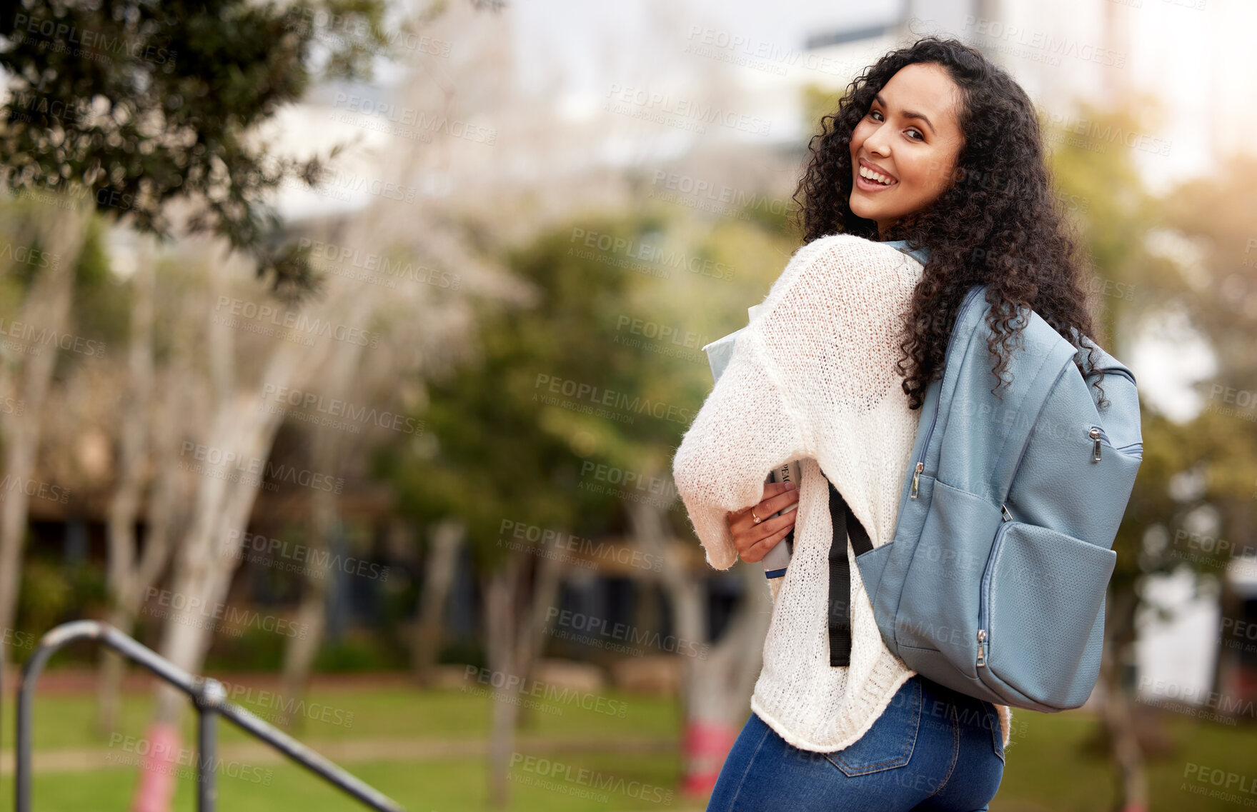 Buy stock photo Backpack, education and portrait with student woman outdoor on college or university campus in summer. Back to school, books and development with happy person on break or recess from learning