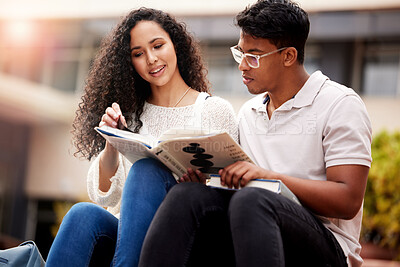 Buy stock photo Reading, university and man and woman study with book on campus for learning, knowledge and studying. Education, friends and male and female students with textbook for information, project or college