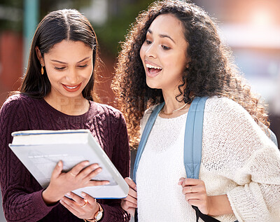 Buy stock photo Shot of two young women studying together at college