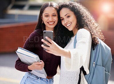 Buy stock photo Friends, women and students selfie at university for happy memory. Education, learning and group of girls bonding and taking scholarship at college for social media or profile picture with textbook