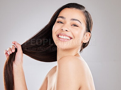 Buy stock photo Happy, woman and face for haircare with keratin serum for growth and wellness in studio. Person or model and cosmetics with luxury salon treatment for natural and aesthetic hair  on white background