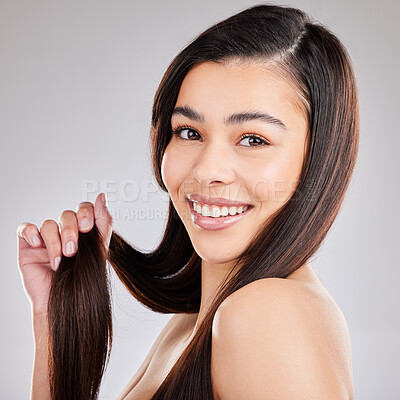 Buy stock photo Hair care, shine and portrait of happy woman on studio backdrop with strong texture and salon treatment. Model, mockup and beauty, healthy straight hairstyle with keratin product on grey background.