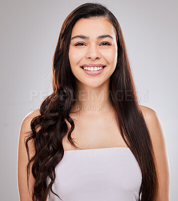 Buy stock photo Shot of a woman posing with half straightened and half curled hair