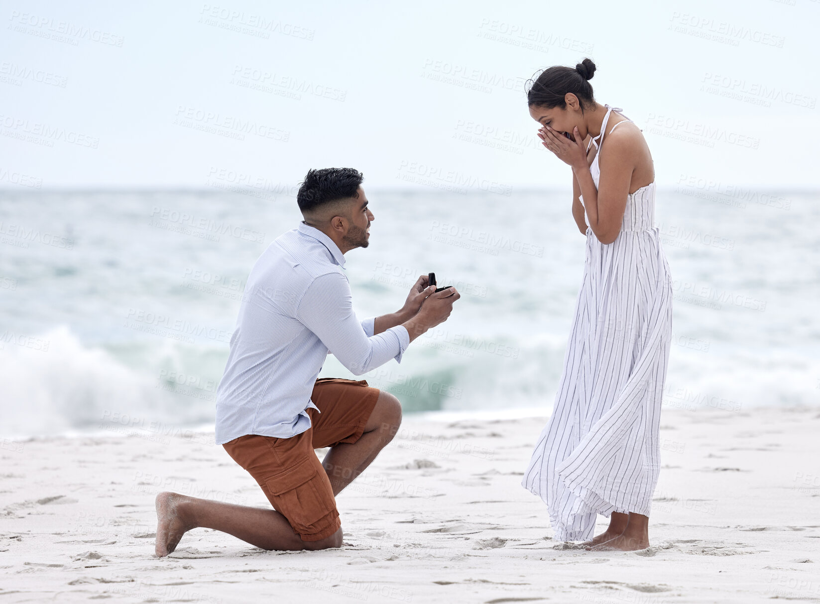 Buy stock photo Couple, proposal and ring at beach on vacation, holiday and destination for marriage as boyfriend and girlfriend. Happy woman, man and engagement in Bali for relationship, goals and surprise on date