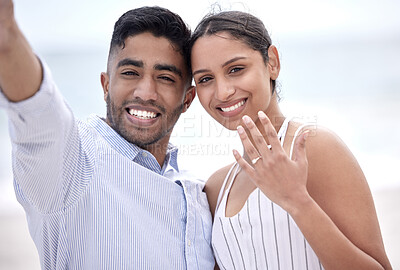 Buy stock photo Couple, proposal and engagement ring at beach on vacation, holiday and destination for marriage as fiancee in love or romance. Happy woman, man and commitment in Bali for relationship, goals on date