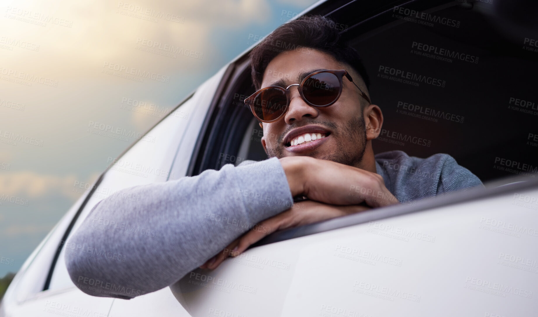 Buy stock photo Man, happy and adventure in car window with smile for travel or road trip with relaxing journey in summer. Transport, holiday and break with vacation to America with ride in countryside for calm.