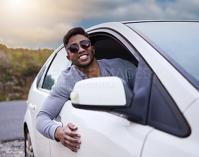 Buy stock photo Man, happy and adventure in car with driving, smile and travel for road trip with relaxing journey. Holiday, transport and break with vacation to Canada with ride in countryside in summer for calm.