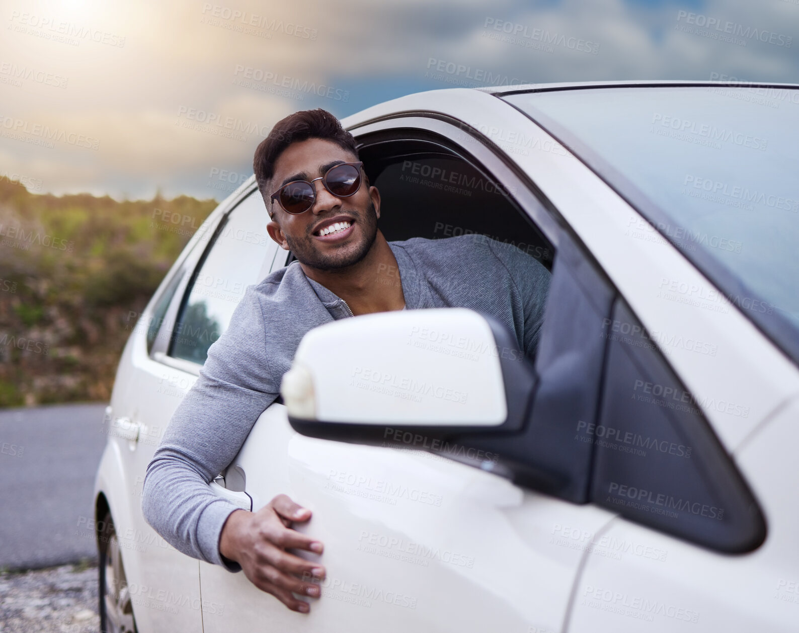 Buy stock photo Man, happy and adventure in car with driving, smile and travel for road trip with relaxing journey. Holiday, transport and break with vacation to Canada with ride in countryside in summer for calm.