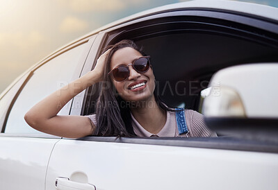 Buy stock photo Woman, adventure and happy in car window with smile for road trip travel with relaxing journey in spring. Weekend, holiday and stress relief for vacation or ride in countryside for view of sunset.