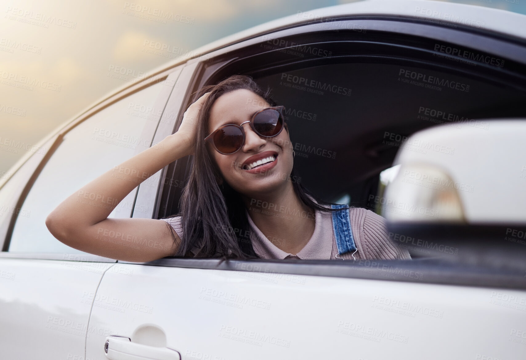 Buy stock photo Woman, adventure and happy in car window with smile for road trip travel with relaxing journey in spring. Weekend, holiday and stress relief for vacation or ride in countryside for view of sunset.