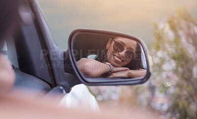 Buy stock photo Mirror, travel and woman in car, relax and sunshine with vacation, happiness and adventure. Reflection, girl and person with sunglasses, explore and journey for holiday, smile and cheerful with break