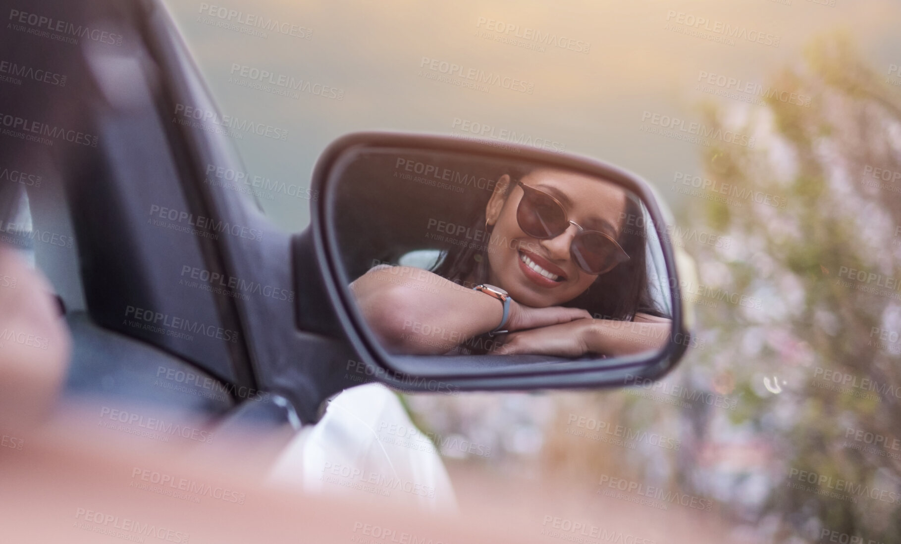 Buy stock photo Mirror, travel and woman in car, relax and sunshine with vacation, happiness and adventure. Reflection, girl and person with sunglasses, explore and journey for holiday, smile and cheerful with break