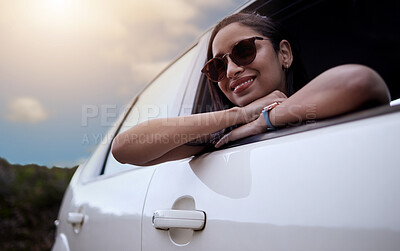 Buy stock photo Woman, adventure and smile in car window with road trip travel for relaxing journey in spring break. Weekend, holiday and stress relief for vacation or ride in countryside of America for sunset view.