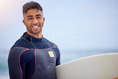 Buy stock photo Man, surfer and board in beach portrait, workout and training for water sports competition. Male person, sky mockup and travel to ocean for waves, fitness and athlete for exercise in outdoor nature