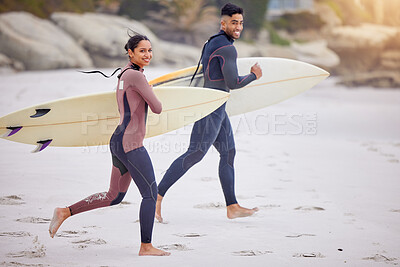 Buy stock photo Portrait, surfboard and couple on beach running for water sports, tropical holiday fun and travel adventure together. Smile, man and woman at ocean for surfing, island vacation and bonding in Hawaii.