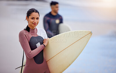 Buy stock photo Girl, portrait and surfboard for surfer at beach, workout and training for water sports competition. Female person, health and travel to ocean for wave, fitness and athlete for exercise in nature