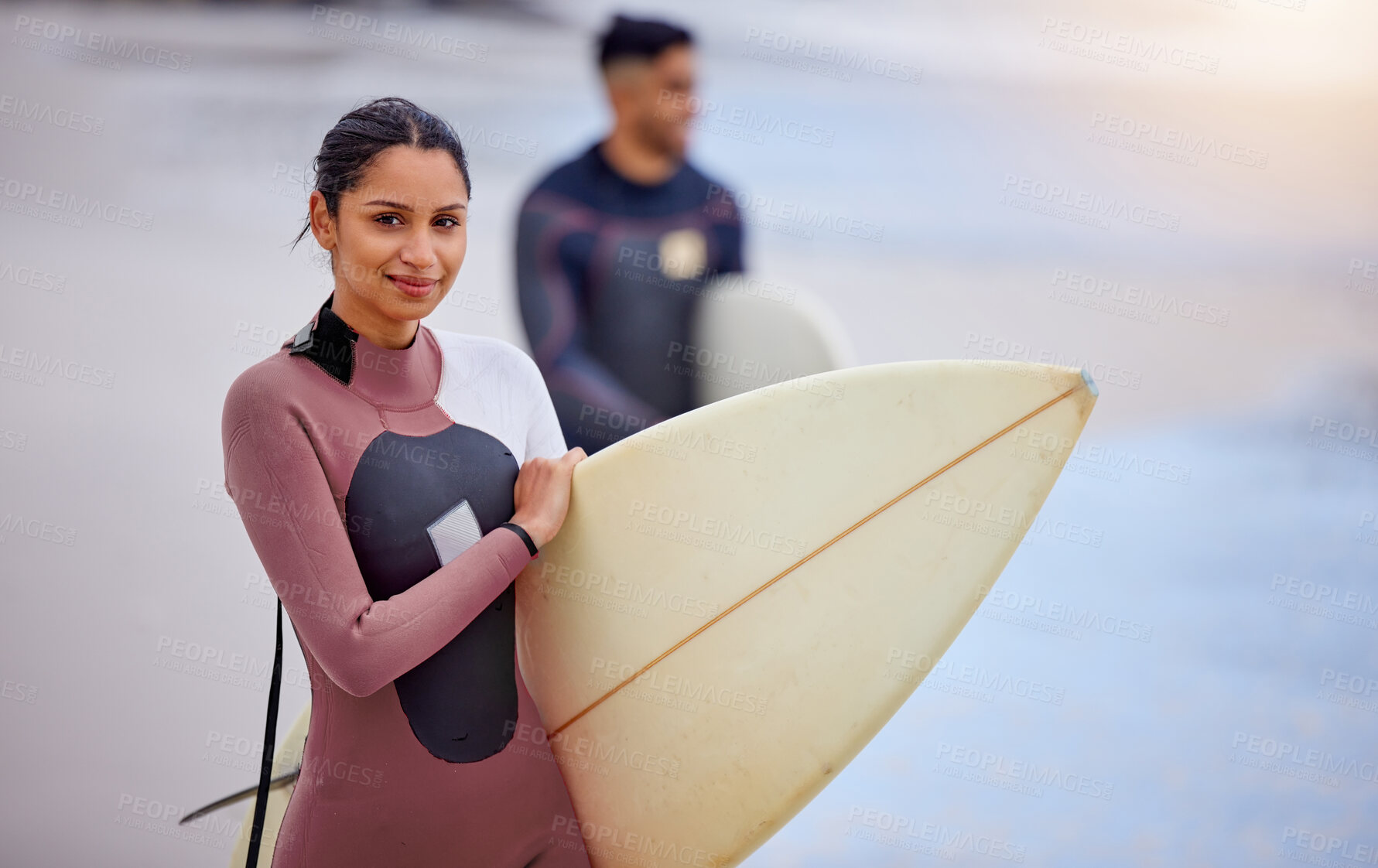 Buy stock photo Girl, portrait and surfboard for surfer at beach, workout and training for water sports competition. Female person, health and travel to ocean for wave, fitness and athlete for exercise in nature