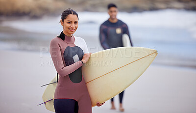 Buy stock photo Girl, portrait and board for surfing at beach, workout and training for water sports competition. Female person, health and travel to ocean or sea for wave, fitness and athlete for exercise in nature