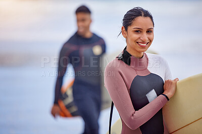 Buy stock photo Girl, portrait and surfboard for workout at beach, health and training for water sports competition. Female person, outdoor and travel to ocean for waves, fitness and athlete for exercise in nature