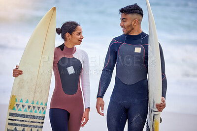 Buy stock photo Nature, surfboard and couple on beach walking for water sports, tropical holiday and travel adventure together. Talking, man and woman at ocean for surfing, island vacation and bonding in Hawaii.