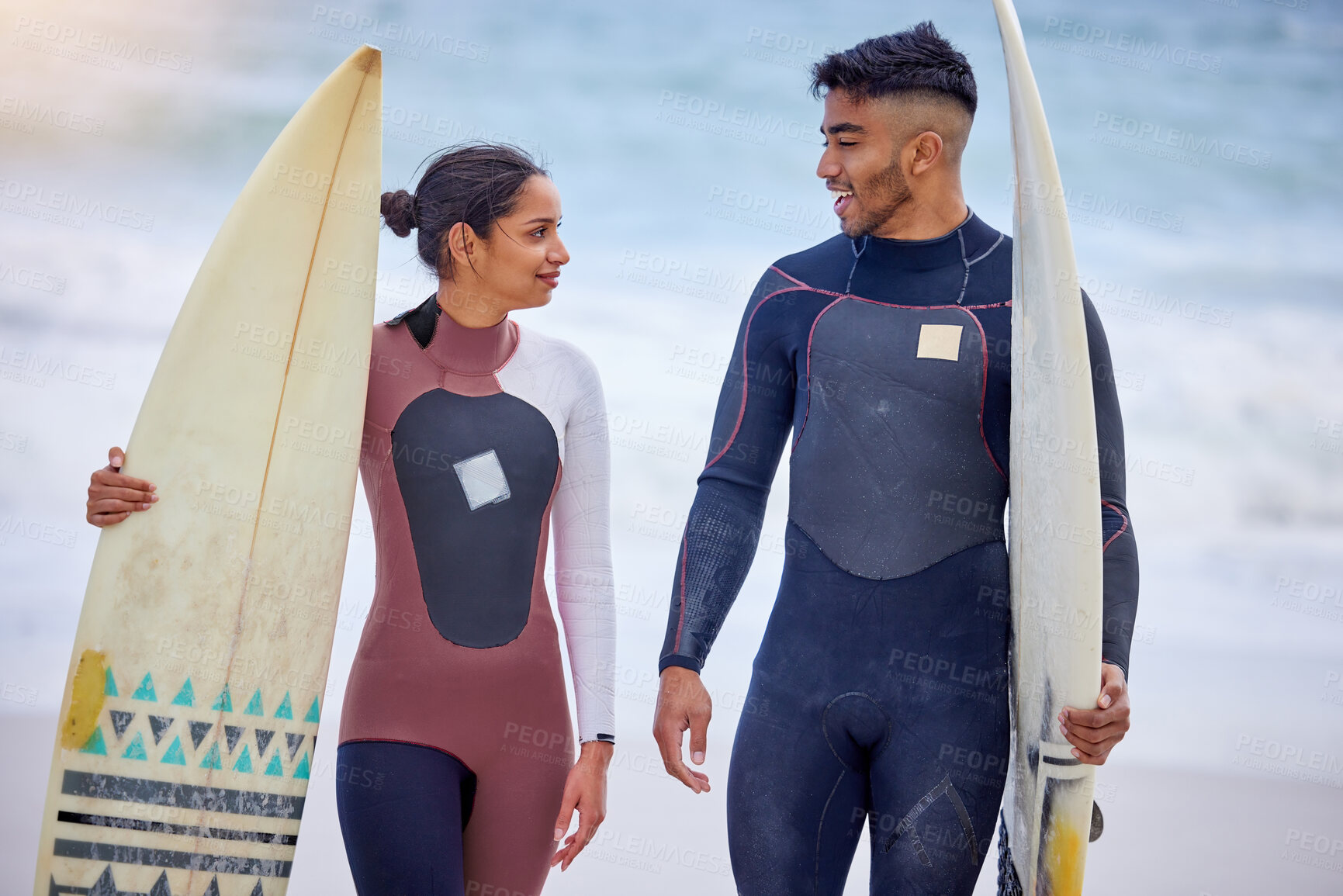 Buy stock photo Nature, surfboard and couple on beach walking for water sports, tropical holiday and travel adventure together. Talking, man and woman at ocean for surfing, island vacation and bonding in Hawaii.