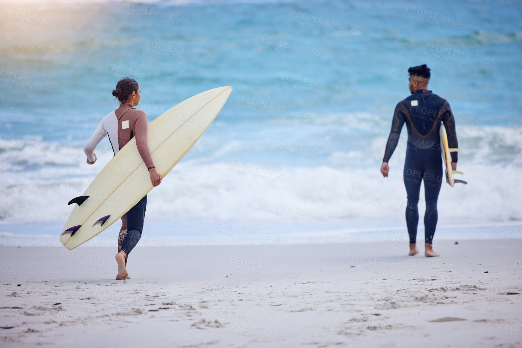 Buy stock photo Beach, water and friends walking with surfboard for summer sports, fun and bonding on adventure in nature. Surf, travel and back of surfer couple at sea for ocean, freedom or vacation in California