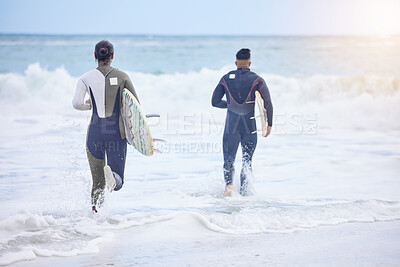 Buy stock photo Back, water and ocean with couple for surfing in vacation,  holiday and adventure by Bondi beach in Australia. Outdoor sports, surfboard and athletes for stand up boarding with balance or freedom