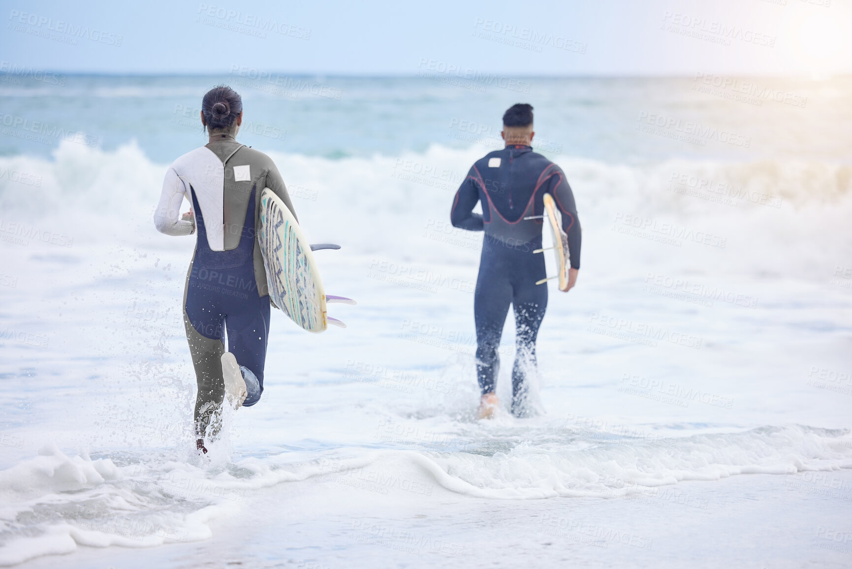 Buy stock photo Back, water and ocean with couple for surfing in vacation,  holiday and adventure by Bondi beach in Australia. Outdoor sports, surfboard and athletes for stand up boarding with balance or freedom