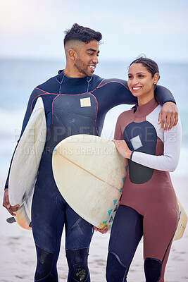 Buy stock photo Hug, surfboard and couple on beach walking for water sports, tropical holiday love and travel adventure together. Smile, man and woman at ocean for surfing, island vacation and fun support in Hawaii.