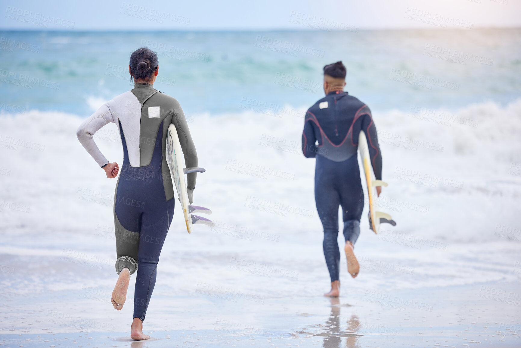 Buy stock photo Surfing, running and couple at beach for exercise, training and healthy body on summer holiday vacation together. Surfboard, man and woman at ocean for fitness, travel or back view by water at sea