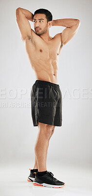 Buy stock photo Fitness, flex or man topless in studio with abs, muscle development or pride for progress. Male athlete, biceps or thinking on gray background for goal, healthy body or personal trainer in sportswear