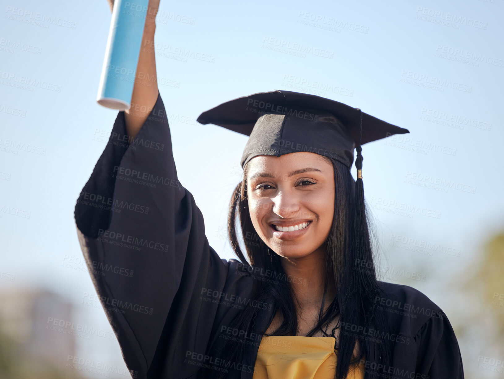 Buy stock photo Graduation, smile and portrait of woman with scroll on university campus for education achievement. Happy, future and female student graduate with college diploma, degree or certificate to celebrate.