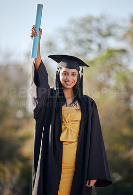 Buy stock photo Graduation, celebration and portrait of woman with scroll on university campus for education achievement. Happy, future and female student graduate with college diploma, degree or certificate.